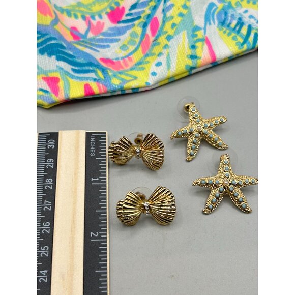 Signed Lilly Pulitzer Earrings Gold Bow & Starfish Studs Designer Signed Jewelry - Picture 8 of 9